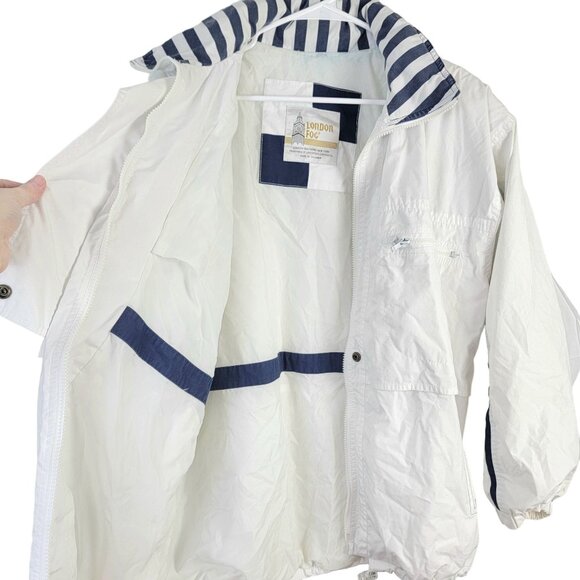 London Fog Vintage 80s Utility Jacket Women Large Hood Outdoors Coat White Blue - Picture 1 of 16